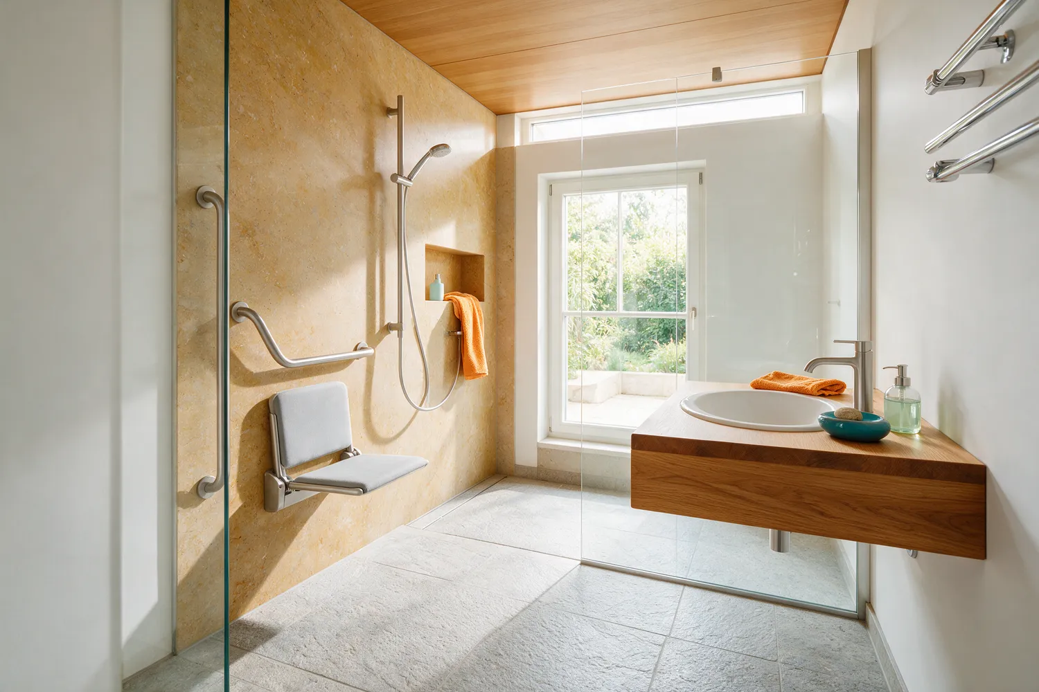 Illustratives Motiv eines modern gestalteten barrierefreien Badezimmers